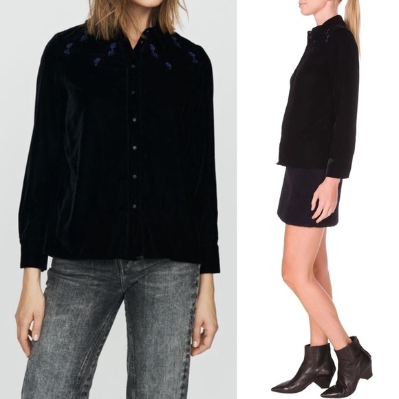 MAJE Velvet Floral Embroidered Long Sleeve Western Snap Button Collared Shirt M - Picture 2 of 12